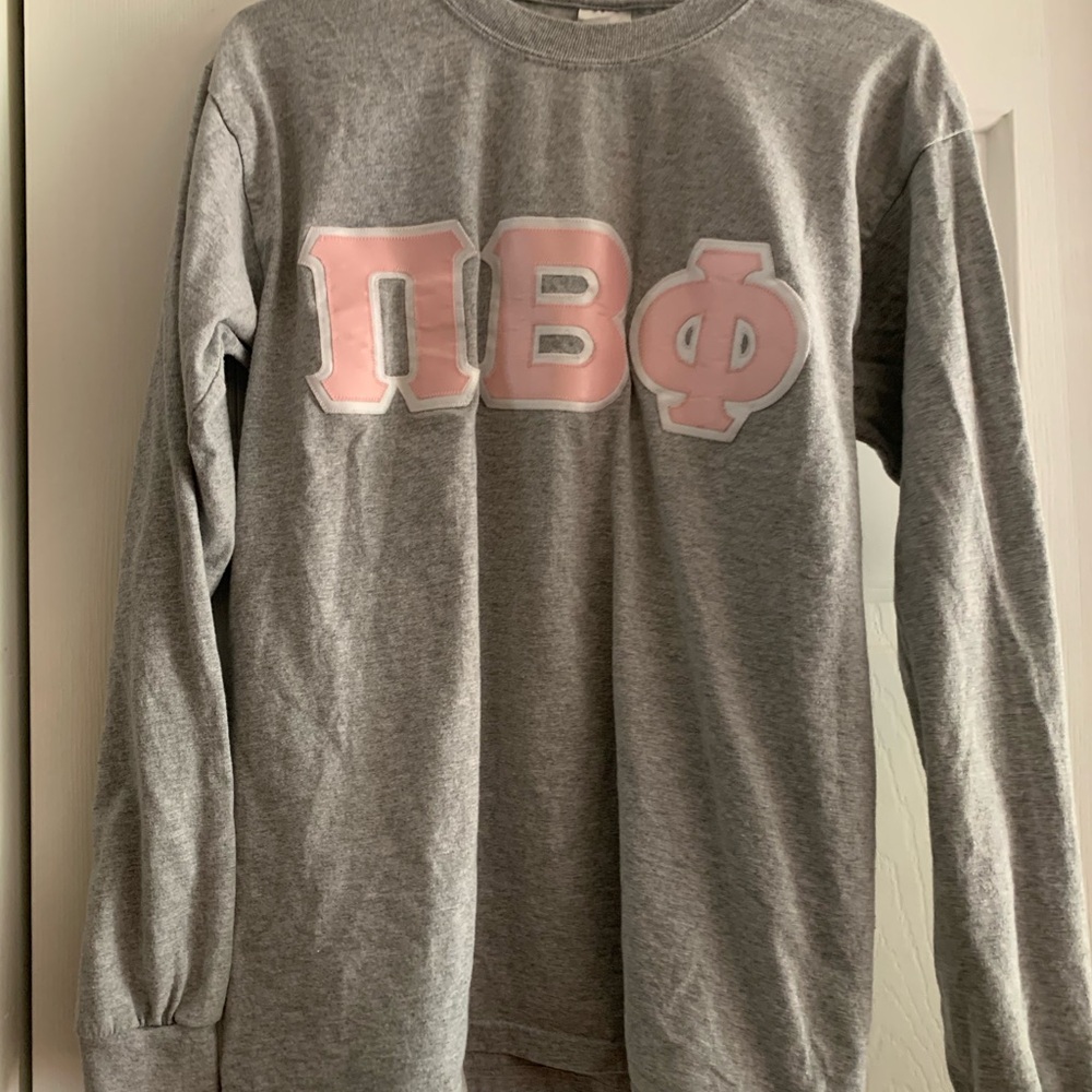 Gray Long Sleeve with Pink Pi Phi Greek Letters